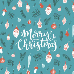 Christmas greeting card. Vector Christmas balls and pine branches with handwritten typography. Christmas lettering in hand-drawn style.