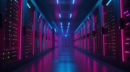Neon-lit server racks in a data center room. - obrazy, fototapety, plakaty