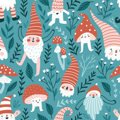 Forest fairy tale seamless pattern in hand-drawn style. Repeated pattern design with flowers, plants, mushrooms and gnomes. Fabric design for kids. - obrazy, fototapety, plakaty