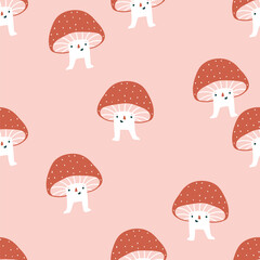 Fly agaric with smile faces seamless pattern. Pink mushroom pattern design. Vector autumn forest illustration. Simple design for kids cloths. - obrazy, fototapety, plakaty