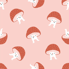 Fly agaric with smile faces seamless pattern. Pink mushroom pattern design. Vector autumn forest illustration. Simple design for kids cloths. - 768613880