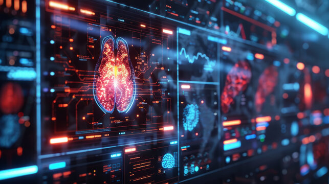 Advanced digital interfaces with glowing neon diagrams, charts, and a brain-like structure symbolizing artificial intelligence.