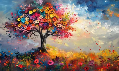 Tuinposter Autumn Splendor, Vibrant Oil Painting of Flowering Tree © AhmadTriwahyuutomo