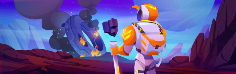 Astronaut and alien ufo spaceship crash landscape. Cosmonaut discovery saucer space ship in fantasy extraterrestrial desert after attack. Futuristic earth planet with boulder and starry sky view. © klyaksun