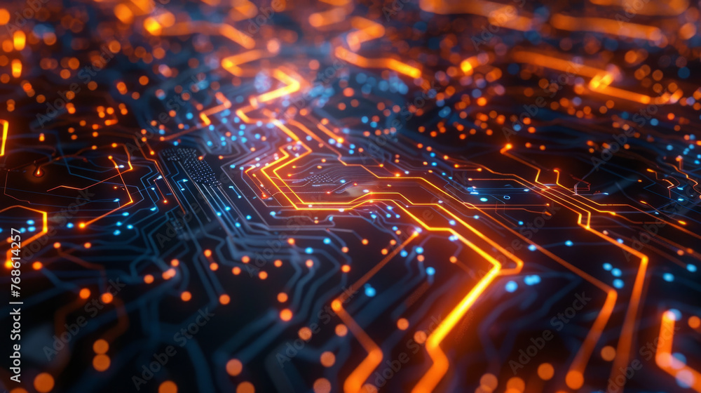 Poster close-up view of a vibrant orange and blue circuit board with intricate electronic patterns depictin