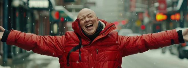 Fensteraufkleber Bald man wearing a red jacket is standing in a snowy landscape © sommersby