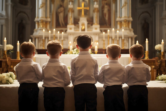Bunch of young boys and girls dressed up standing near the church altar with lit candles and a crucifix. Back shot attending a religious service or ceremony. First communion concept.