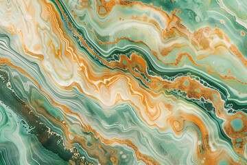 a close-up of a green and orange marble texture. The green veins wind throughout the orange marble, creating an organic swirl pattern. - obrazy, fototapety, plakaty