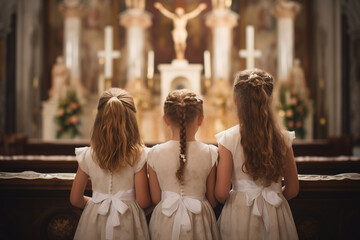 Ensemble of  girls in elegant attire standing around the church altar adorned with candles and a crucifix. Back shot attending a religious service or ceremony. First communion concept.