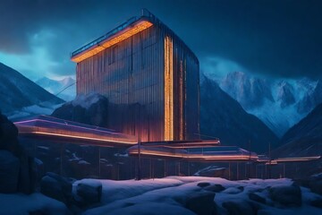illustration of lighted futuristic modern trapeze building located in rocky mountainous area against cloudy evening sky in winter - obrazy, fototapety, plakaty