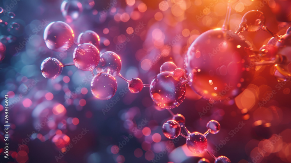 Poster close-up view of abstract spheres compounded resembling a molecular structure, highlighted with a vi