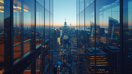 View of a city skyline at dusk through a glass window, with skyscrapers illuminated against the fading light of the setting sun