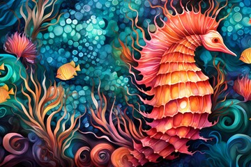 Seahorse scales in a vibrant coral reef, forming a seamless pattern of marine wonder
