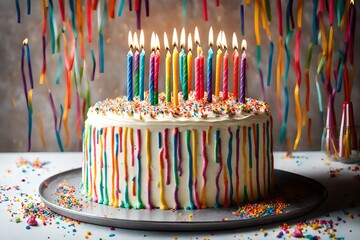 Striped buttercream birthday cake with colorful birthday candles and sprinkles - obrazy, fototapety, plakaty