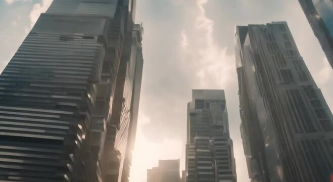 3d view of tall skyscrapers in the city, sunny and cloudy