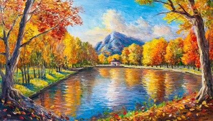 autumn landscape with trees, wallpaper texted Painting of a tree with colorful flowers in the autumn season. Oil color painting. - obrazy, fototapety, plakaty