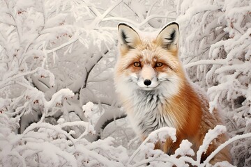 Red fox fur in a winter landscape, seamlessly patterned with snow-covered trees