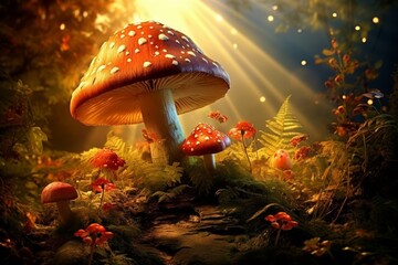 Enigmatic beauty of fly agaric blooming in deep forest glade under bright sun rays - obrazy, fototapety, plakaty