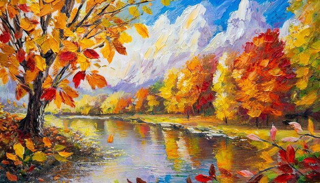 autumn landscape with trees, wallpaper texted Painting of a tree with colorful flowers in the autumn season. Oil color painting.