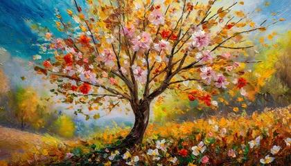 Poster autumn landscape with trees, wallpaper texted Painting of a tree with colorful flowers in the autumn season. Oil color painting. © Bilal