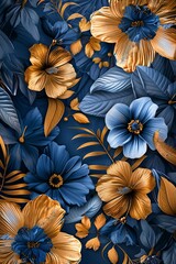 Blue Flowers Painting on Blue Background