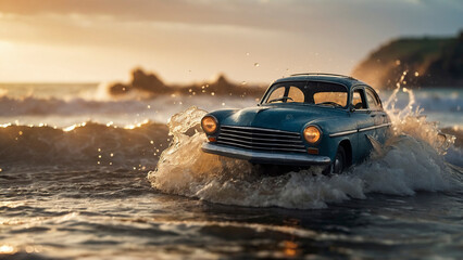 Cars swept away by the wave. Drowned car after a flood or tsunami.