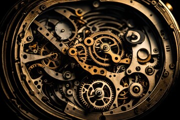 The mechanism of an old antique watch in the dark. Surrounded by black space.
