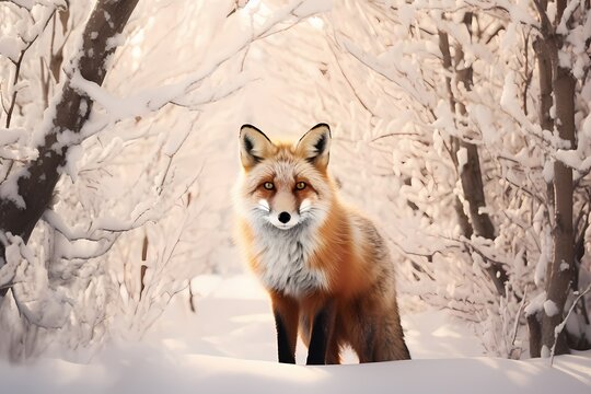 Red fox fur in a winter landscape, seamlessly patterned with snow-covered trees