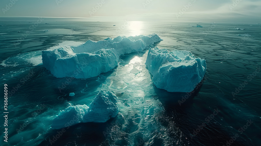 Poster a serene arctic landscape featuring a large iceberg floating on a calm sea under a bright sky. the s