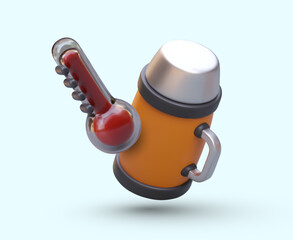 Concept of utensil for long term preservation of heat. Realistic thermos, red thermometer