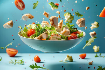 Engaging photo of mixed greens, chicken, and veggies hovering over a light bowl against a blue backdrop