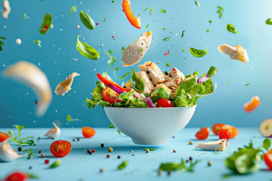 A visually captivating image of a salad bowl with tossed chicken, vegetables, and herbs on a blue surface