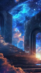 Stairways leading to doors in the open sky, each threshold opening to different dimensions of reality