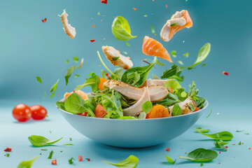 Creatively displayed salmon and veggies floating in the air beside a salad bowl with calm blue background