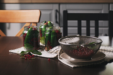 cooking preserved marinated cucumbers with red currant on rustic kitchen