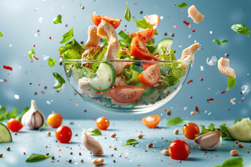 Dynamic freeze motion shot capturing fresh salad ingredients mid-air against a blue gradient background, suggesting freshness and healthy eating