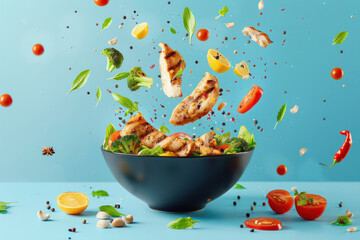An explosion of taste portrayed in a dynamic chicken salad, with floating tomatoes, lettuce, and spices against a pastel blue backdrop - obrazy, fototapety, plakaty