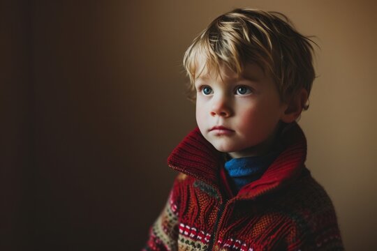 Portrait of a little boy in a red sweater and scarf.