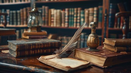 Vintage books, a quill, and an inkwell on a desk set against a bookcase background invoke the romance of history and literature  - obrazy, fototapety, plakaty