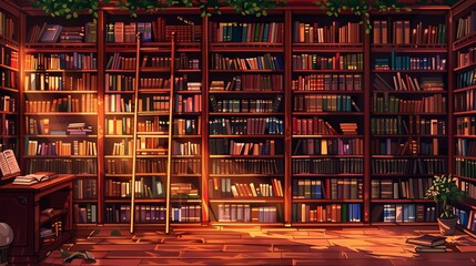 Wooden bookshelves filled with knowledge set the scene for a journey of education and discovery in this library illustration