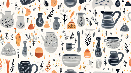 Kitchen stuff watercolor handdrawn seamless pattern