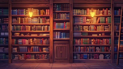 Wooden bookshelves filled with knowledge set the scene for a journey of education and discovery in this library illustration - obrazy, fototapety, plakaty