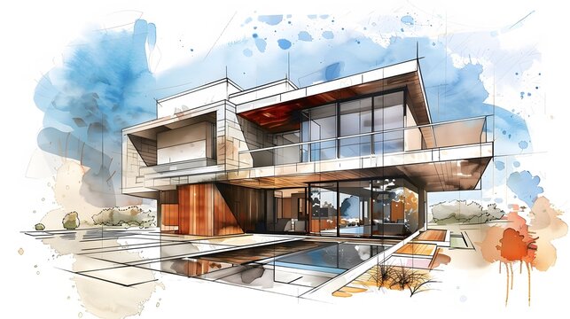 Watercolor sketch of a modern home, rendered on an old paper background resembling a vintage blueprint.