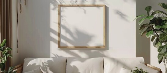 A white couch sits in the center of a living room, accompanied by several potted plants. The room features a vertical white frame mock-up and black chairs against a beige wall.