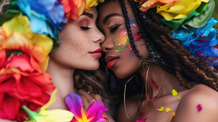 Two people adorned with vibrant floral decorations sharing an intimate moment