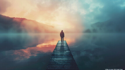 A person stands on a pier extending into a body of water, surrounded by the calm expanse of the sea or lake