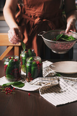 woman cooking preserved marinated cucumbers with red currant on rustic kitchen