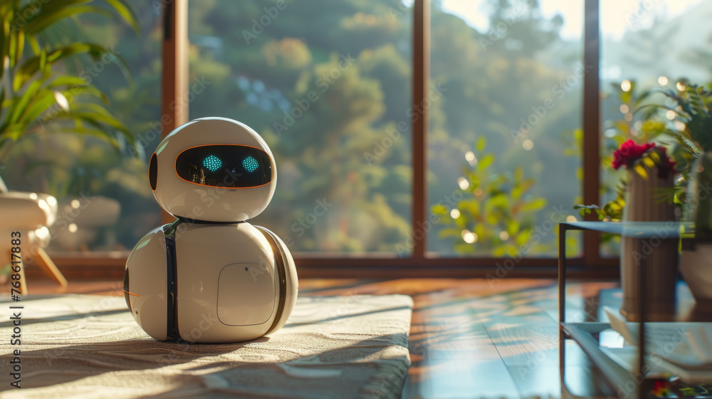 Poster a modern white robotic companion sits on a textured floor, basking in the sunlight filtering through
