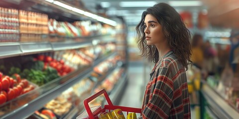 A stunning young woman at the supermarket looks through the canned goods section of the store. Her shopping basket is brimming with wholesome food items. - obrazy, fototapety, plakaty