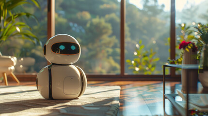 A modern white robotic companion sits on a textured floor, basking in the sunlight filtering through a window with a view of lush greenery.